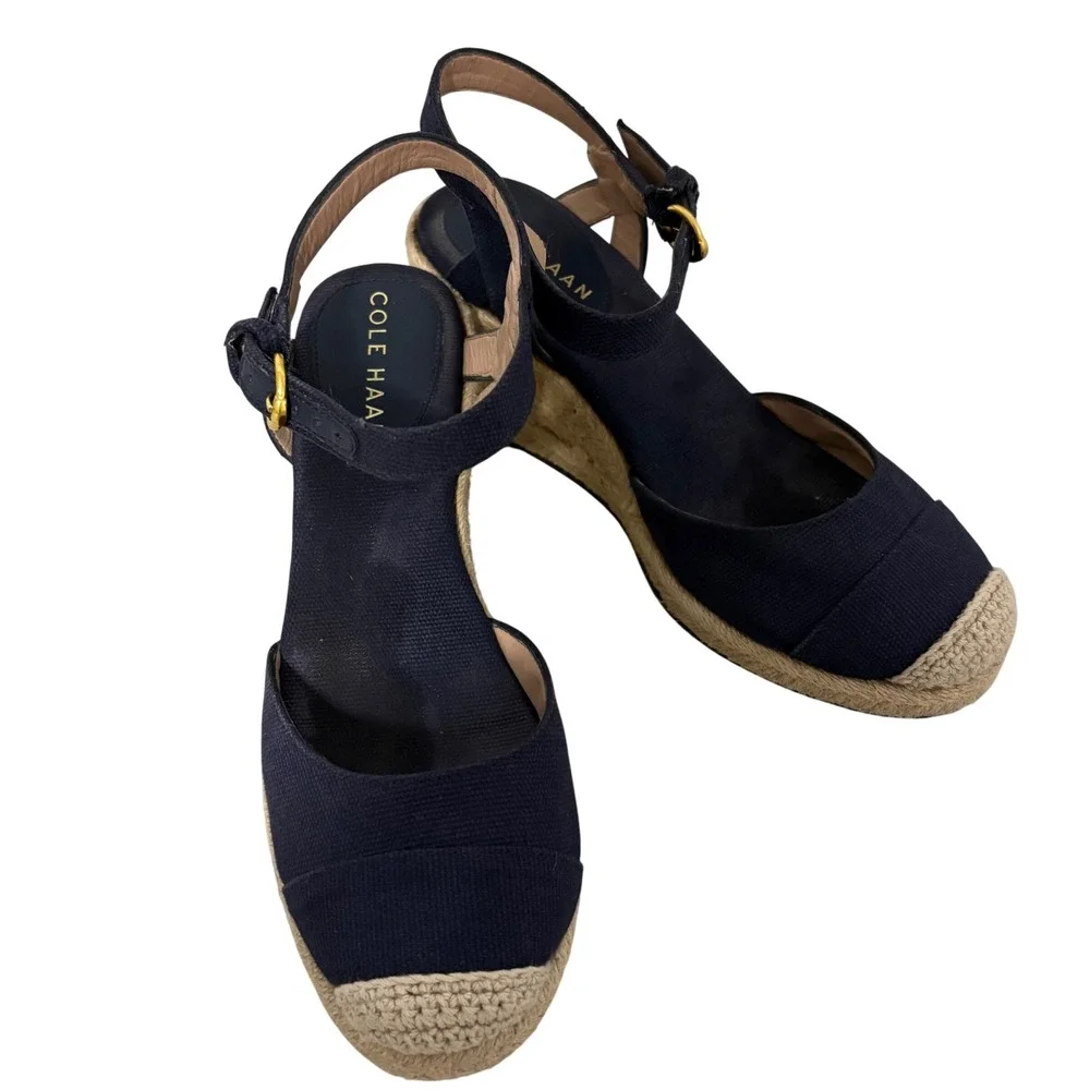 Cole Haan Cloudfeel Navy Canvas Espadrille Wedge Sandals W29097 Womens 6B Preppy